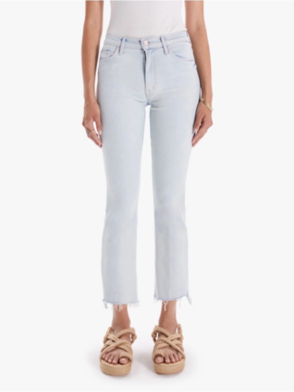 MOTHER Insider Crop Step Fray Jeans 31 Light Wash Raw Hem Cool Girl